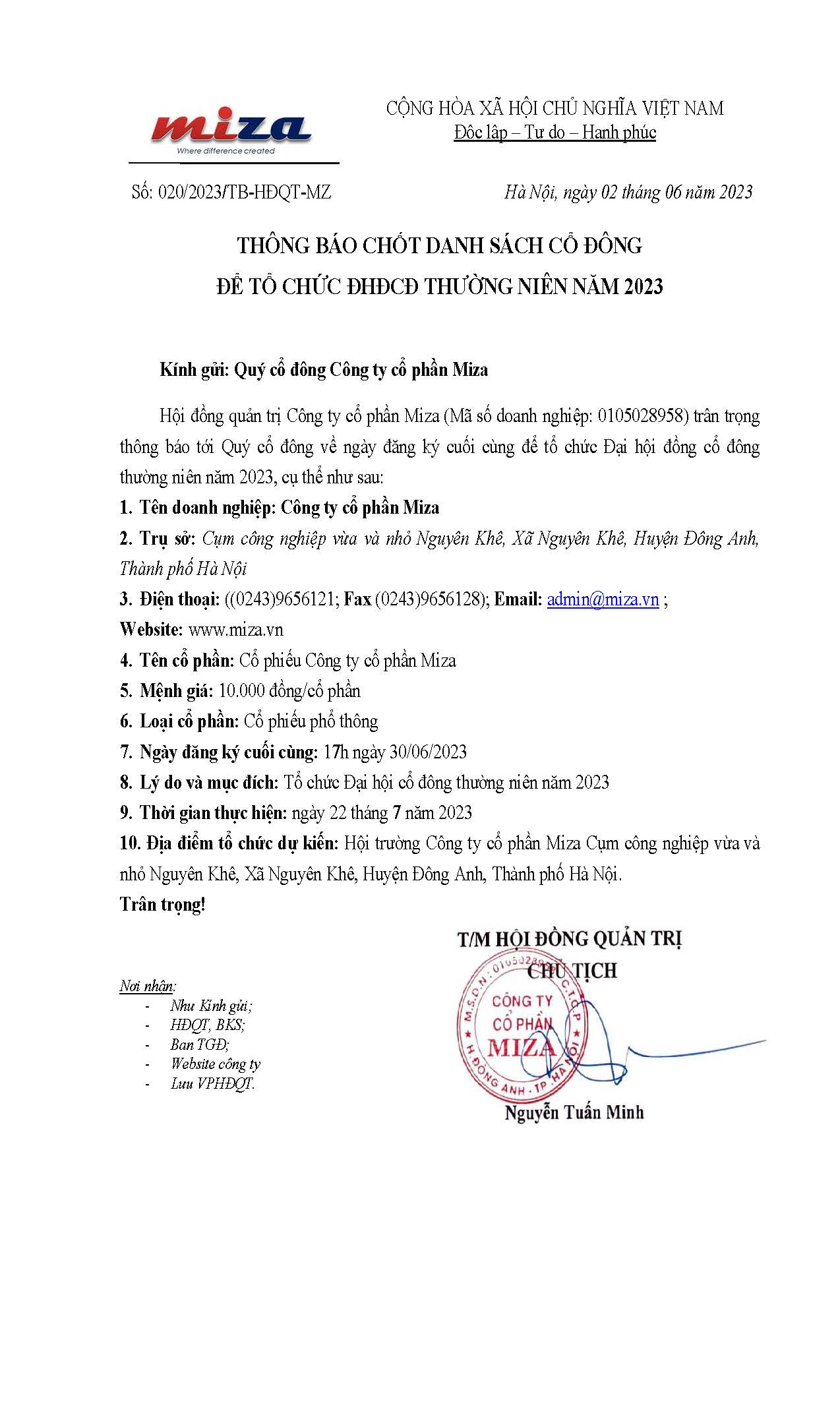 ANNOUNCEMENT OF CLOSING THE LIST OF SHAREHOLDERS TO ORGANIZE THE ANNUAL GENERAL MEETING IN 2023