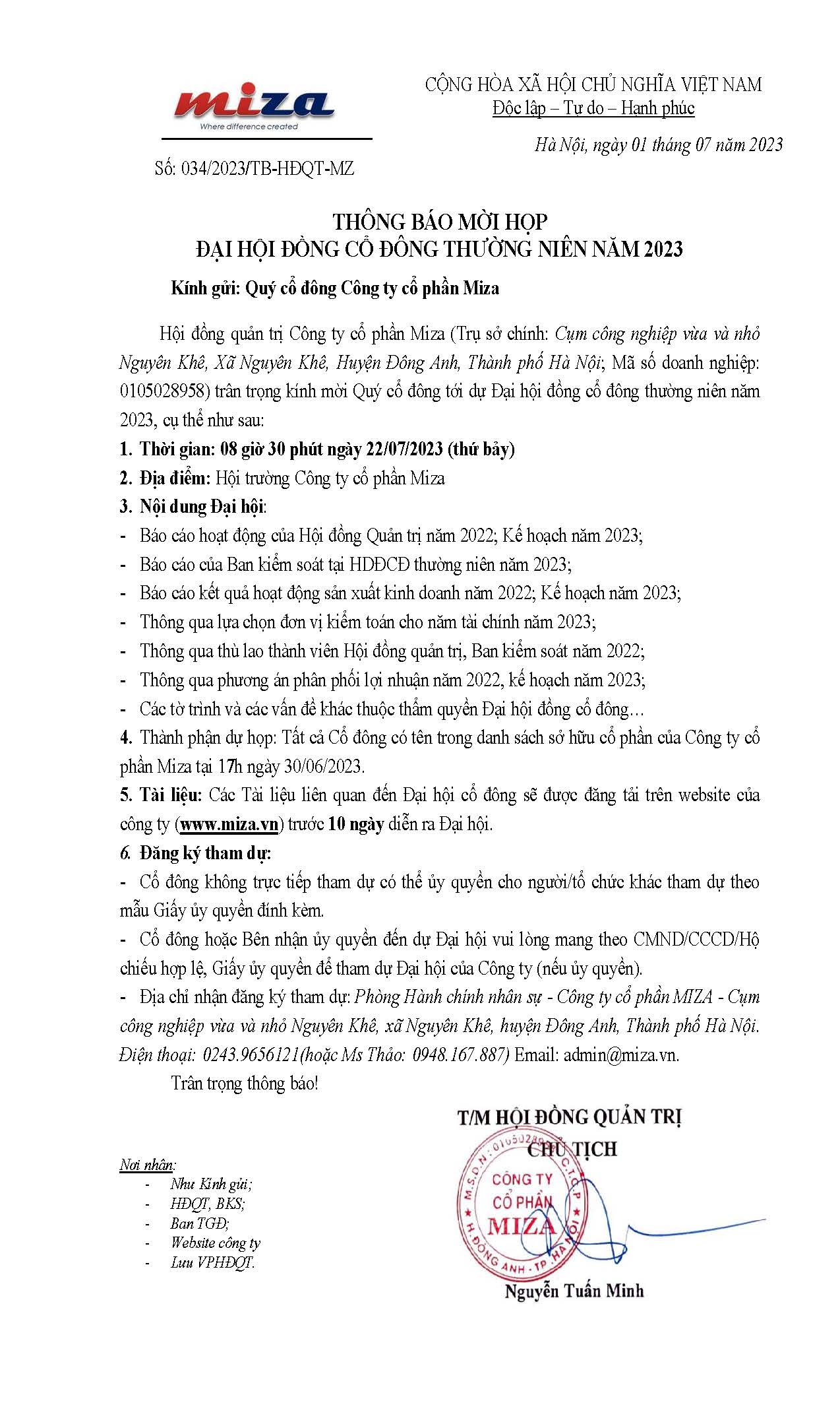 THÔNG BÁO MỜI HỌP ĐẠI HỘI ĐỒNG CỔ ĐÔNG THƯỜNG NIÊN NĂM 2023